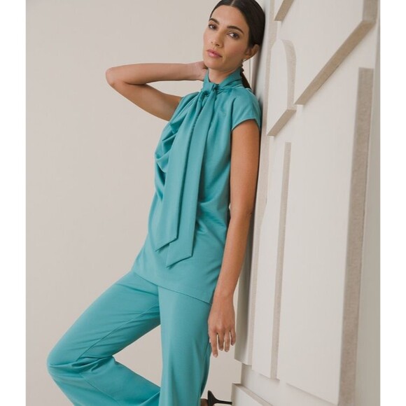 NWT Chico's Black Label Cowl Neck Top Dressy Shirt Tunic Tie Neck Bow Blue Large - Picture 3 of 11